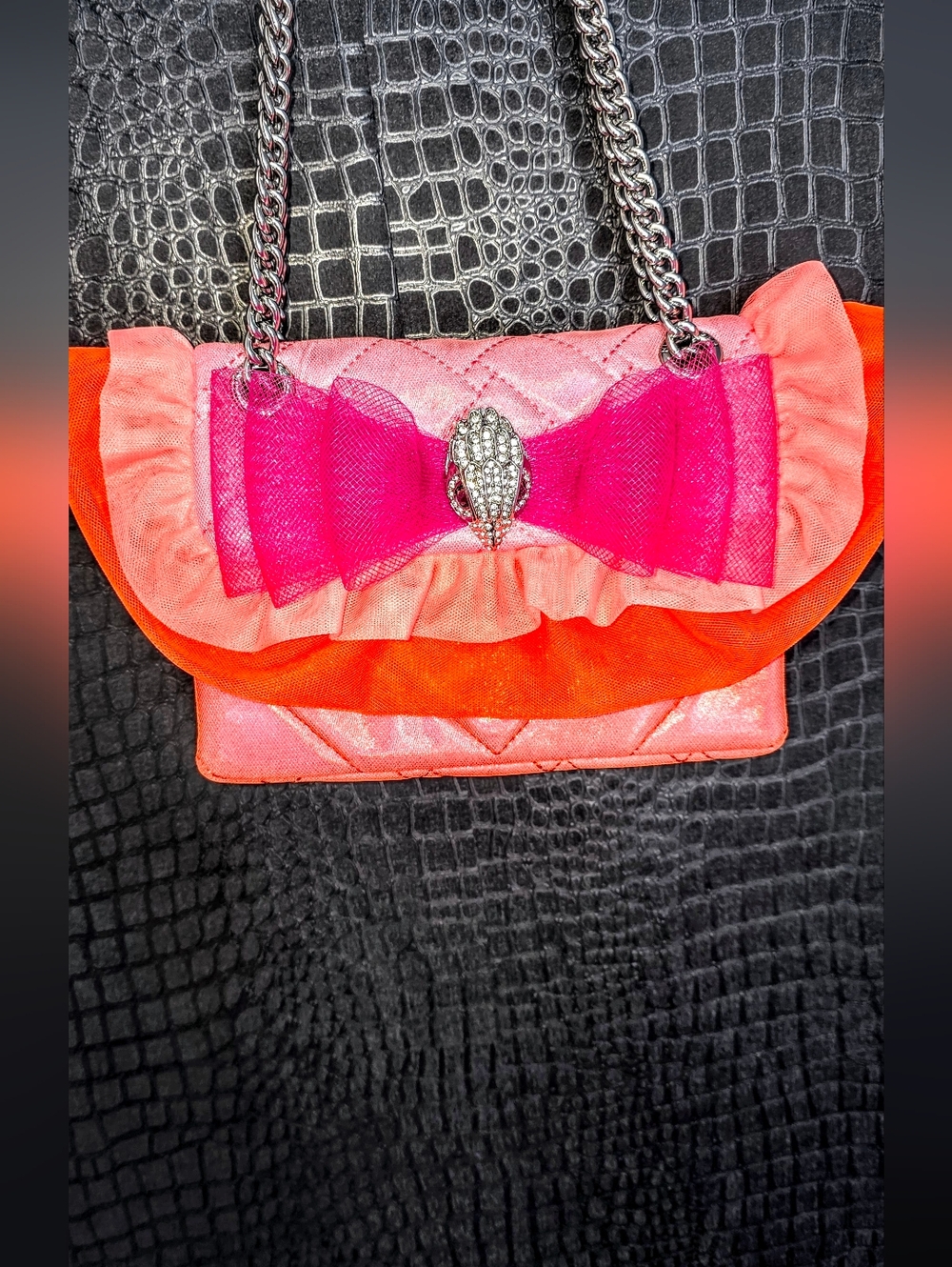 Kurt Geiger Pink and Orange Ruffle Shoulder Bag with Chain
